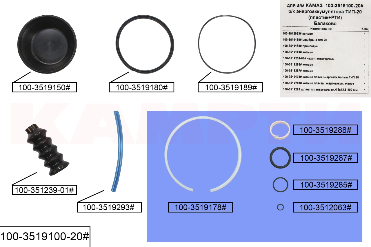 100-3519100-20# Ремкомплект энергоаккумулятора тип-20 РТИ+пластмасса (10 наим./10 шт.)